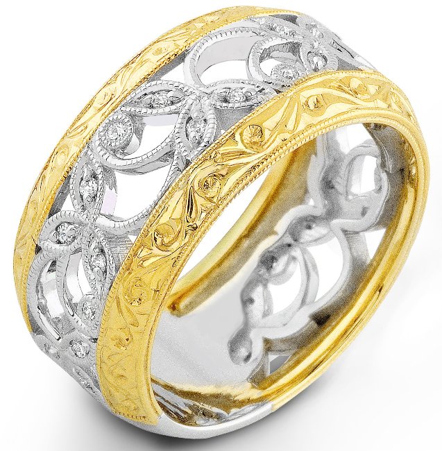 Pave Diamond White Gold and Yellow Engraved Highlight Ring by Jolie Designs