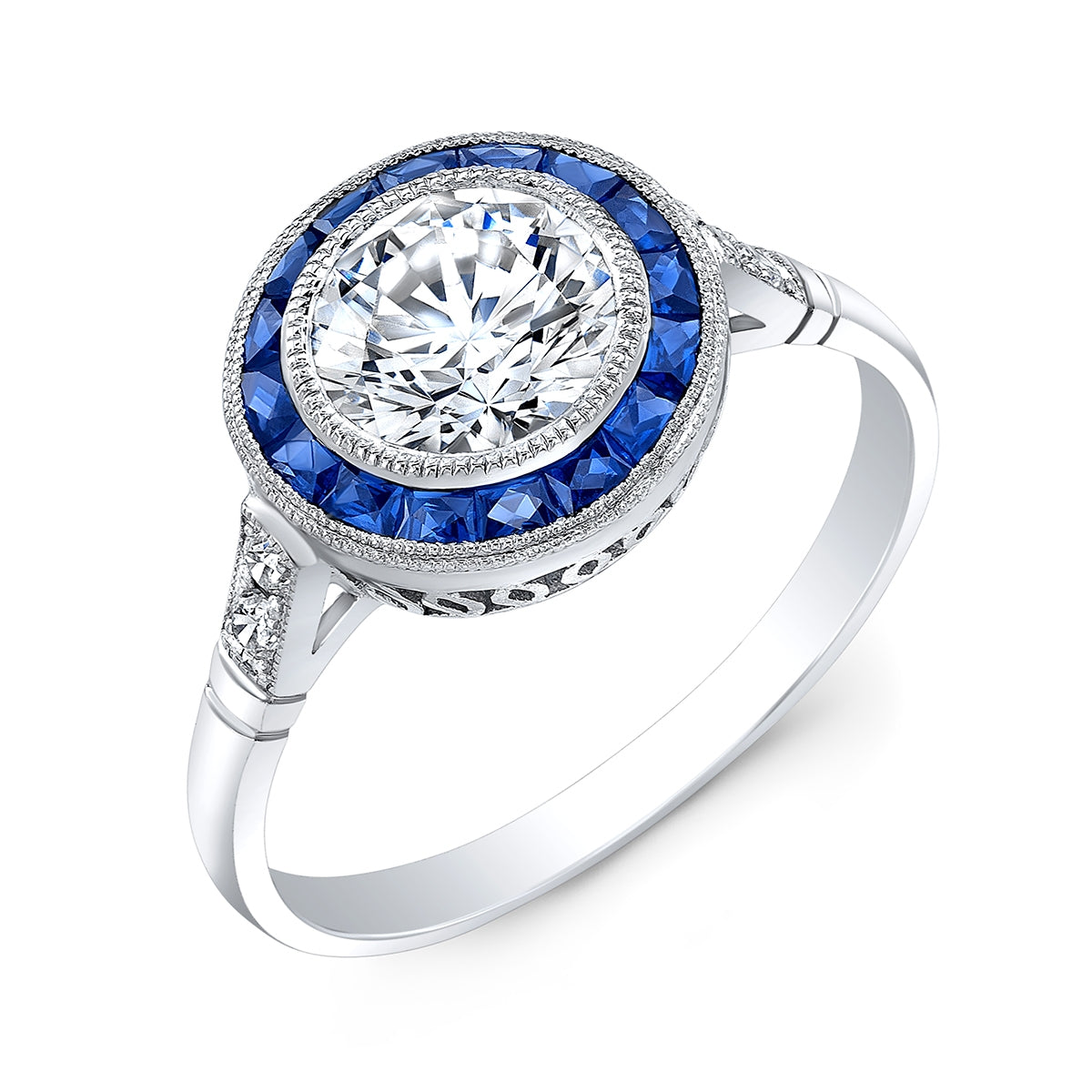 Modern French Custom Cut Blue Sapphire Halo Diamond Engagement Ring by Jolie Designs