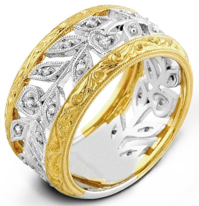 White Gold Diamond Ring with Yellow Engraved Accents by Jolie Designs