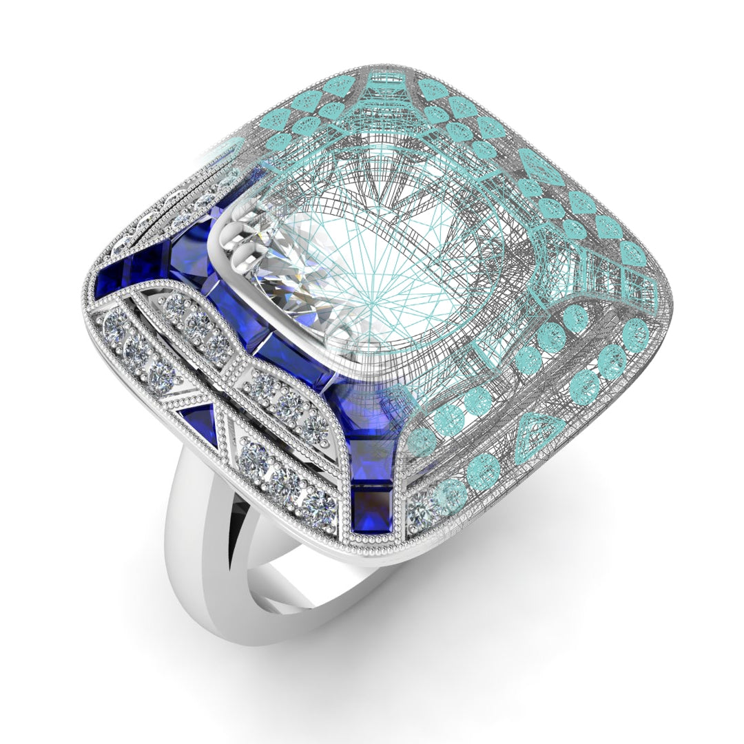 Custom Art Deco Blue Sapphire and Diamond Ring by Jolie Designs
