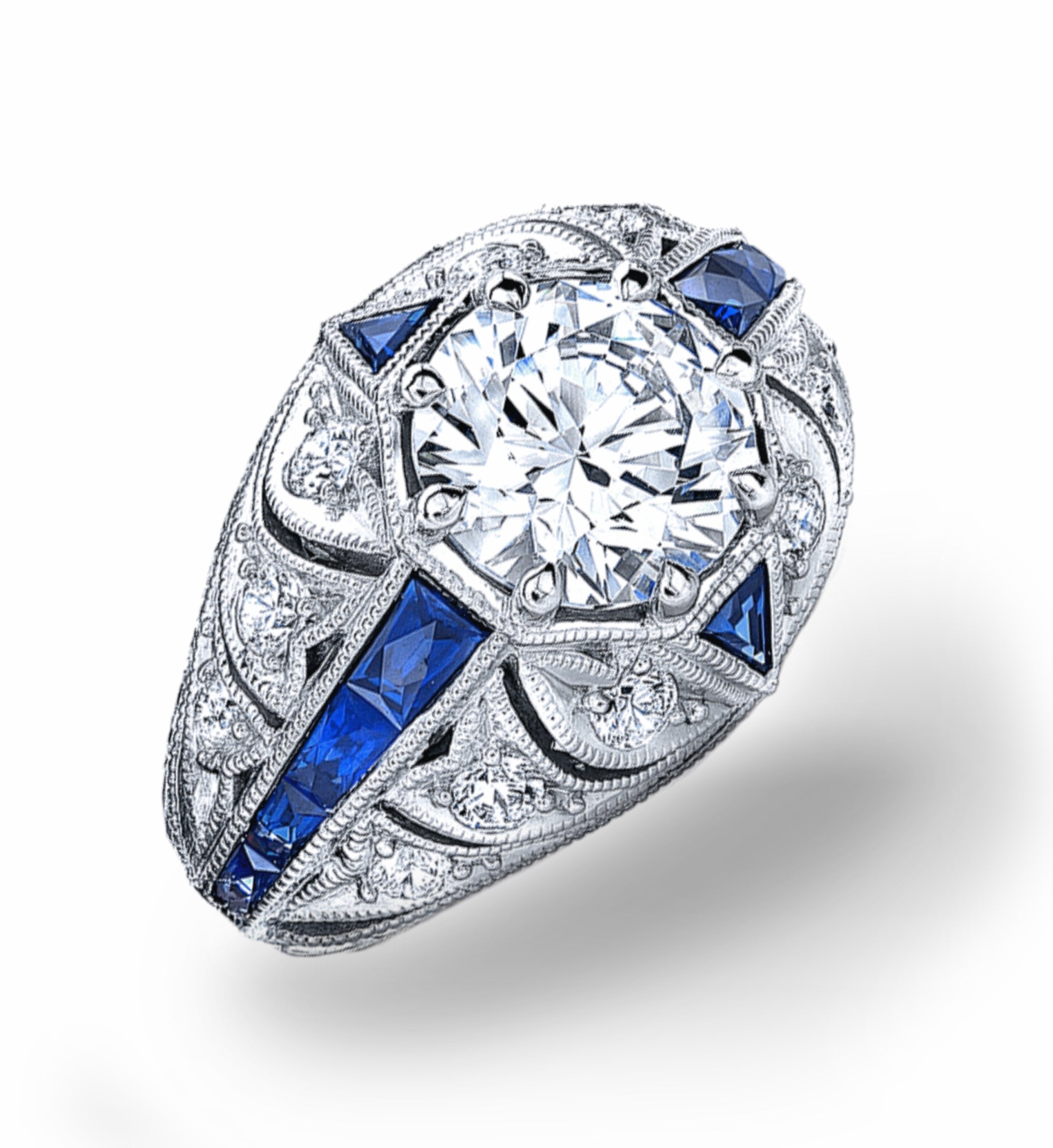 Blue Sapphire and Diamond Engagement Ring Semi Mount with Triangle Accents by Jolie Designs