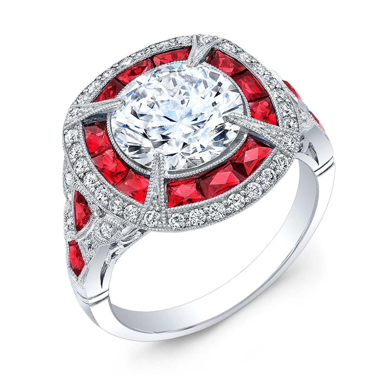 Art Deco Ruby and Diamond Ring with Custom Cut Rubies by Jolie Designs