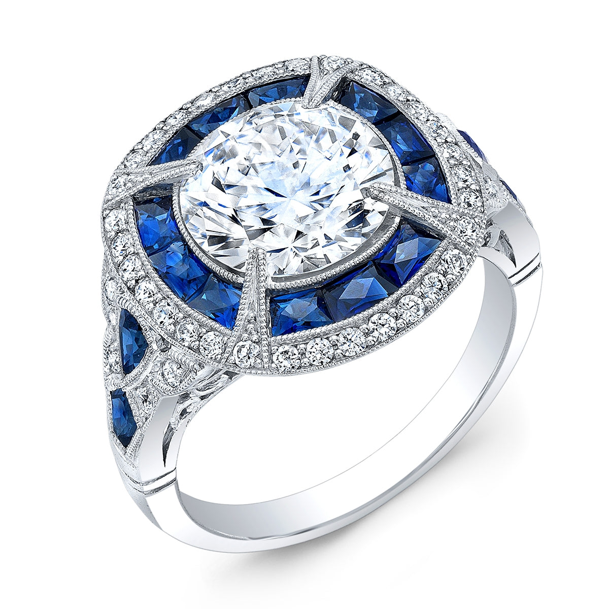 Art Deco Custom Blue Sapphire and Diamond Pave Set Ring Designed by Jolie Designs