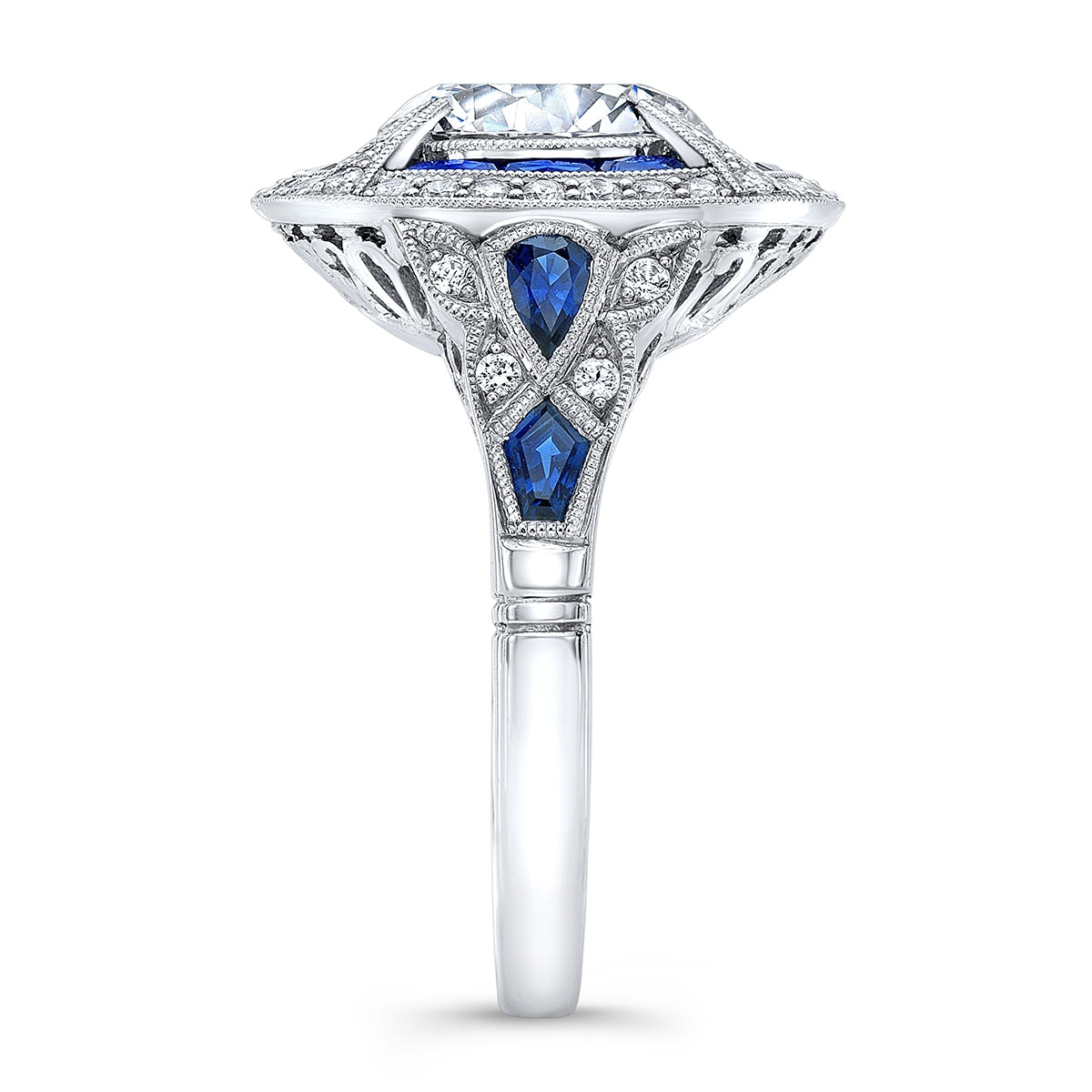 Art Deco Custom Blue Sapphire and Diamond Pave Set Ring Designed by Jolie Designs