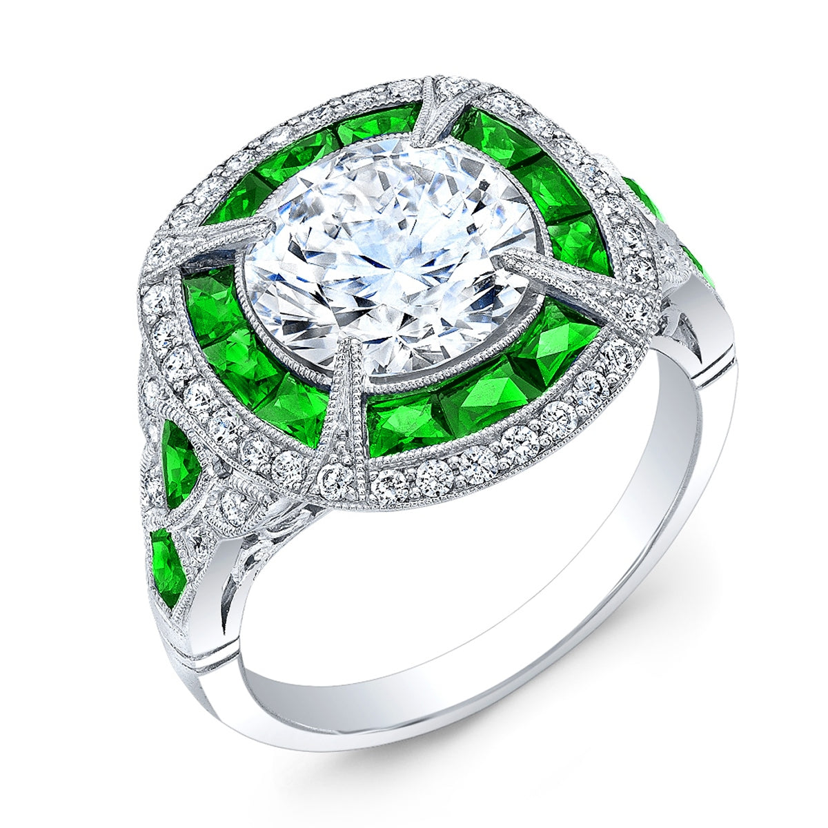Art Deco Tsavorite and Diamond Ring with Custom Cut Stones by Jolie Designs