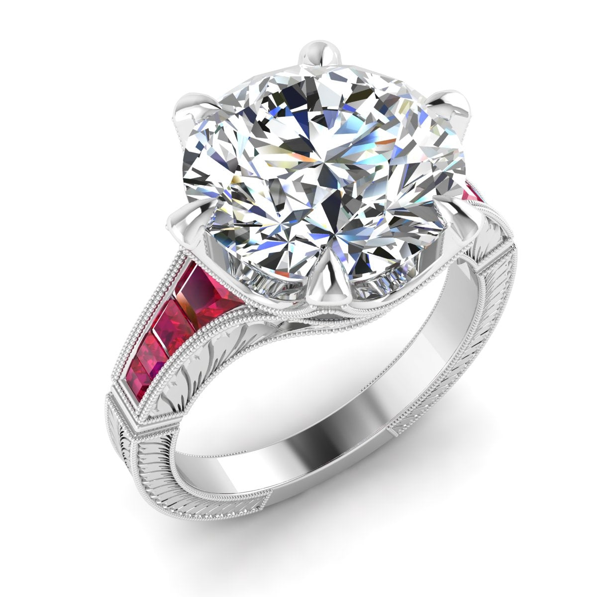 Hand Engraved Diamond and Custom Cut Ruby Semi Mount Ring by Jolie Designs