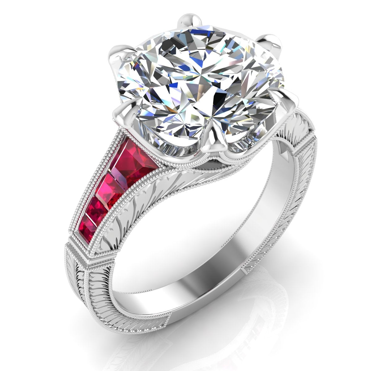 Custom Cut Ruby and Diamond Hand Engraved Semi Mount Ring by Jolie Des
