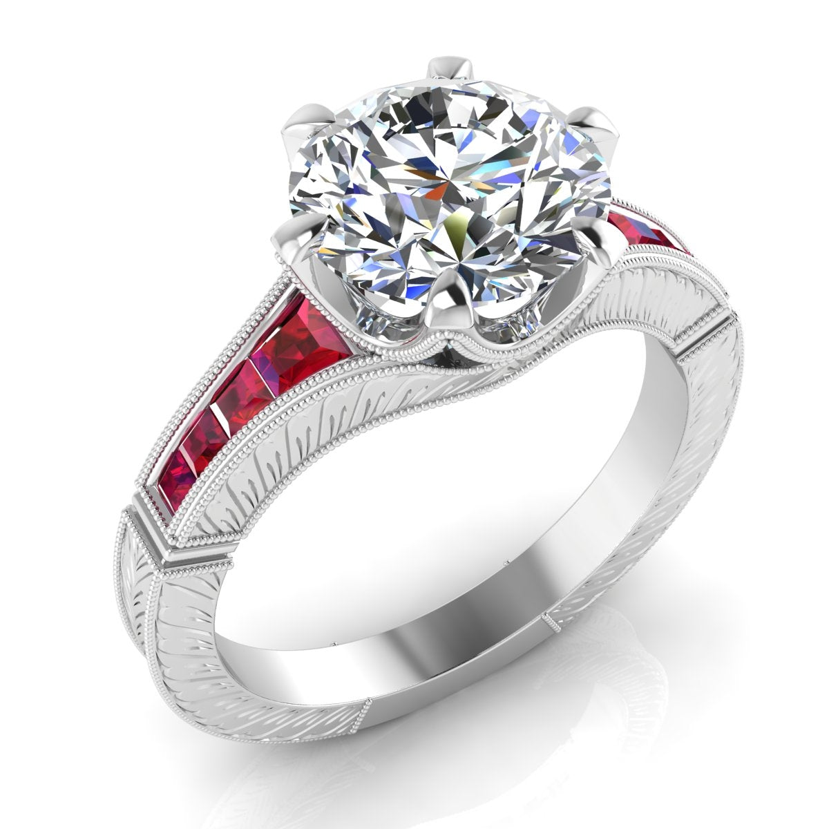 Hand Engraved Diamond and Ruby Semi Mount Engagement Ring by Jolie Designs