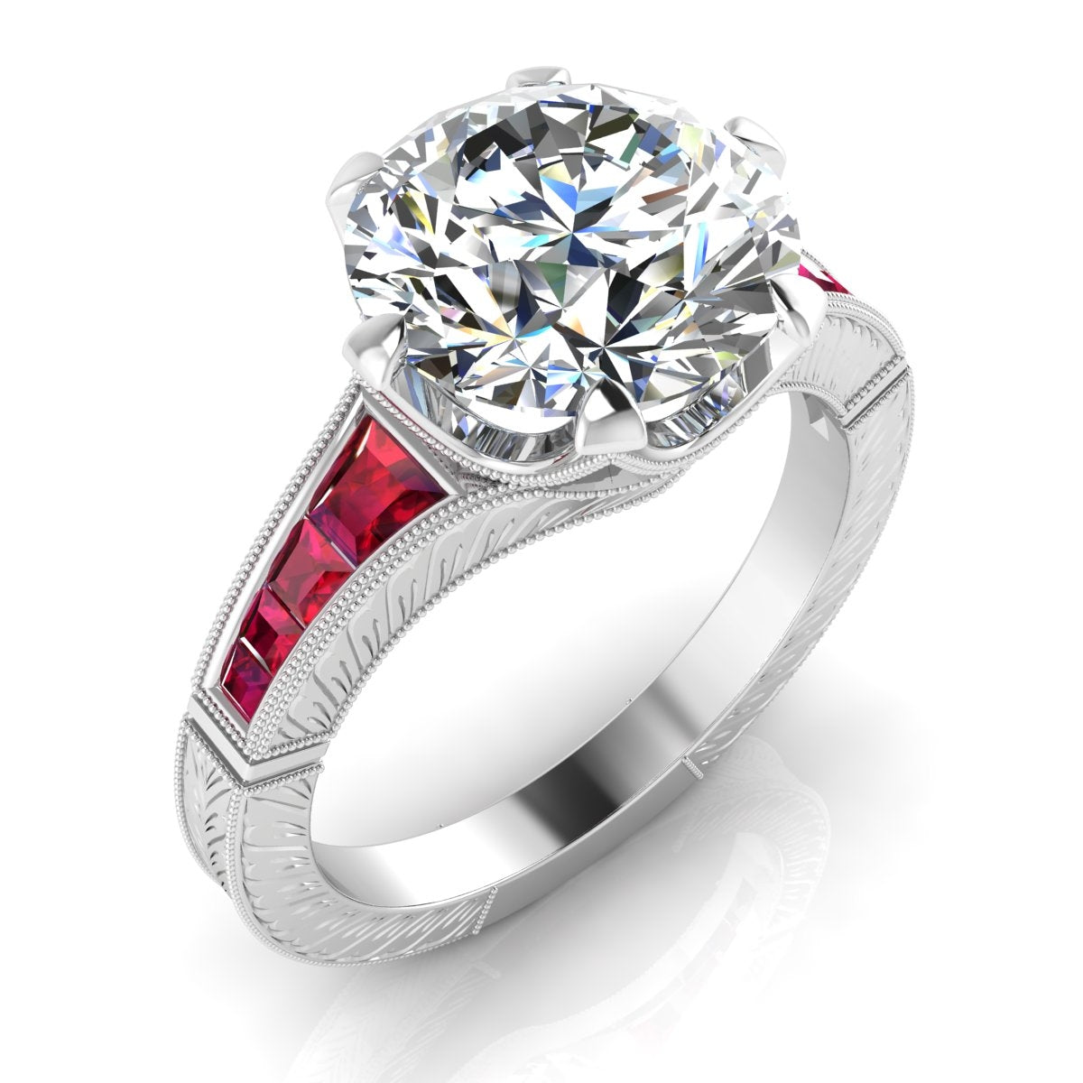 Diamond and Custom Cut Ruby Hand Engraved Semi Mount Engagement Ring by Jolie Designs