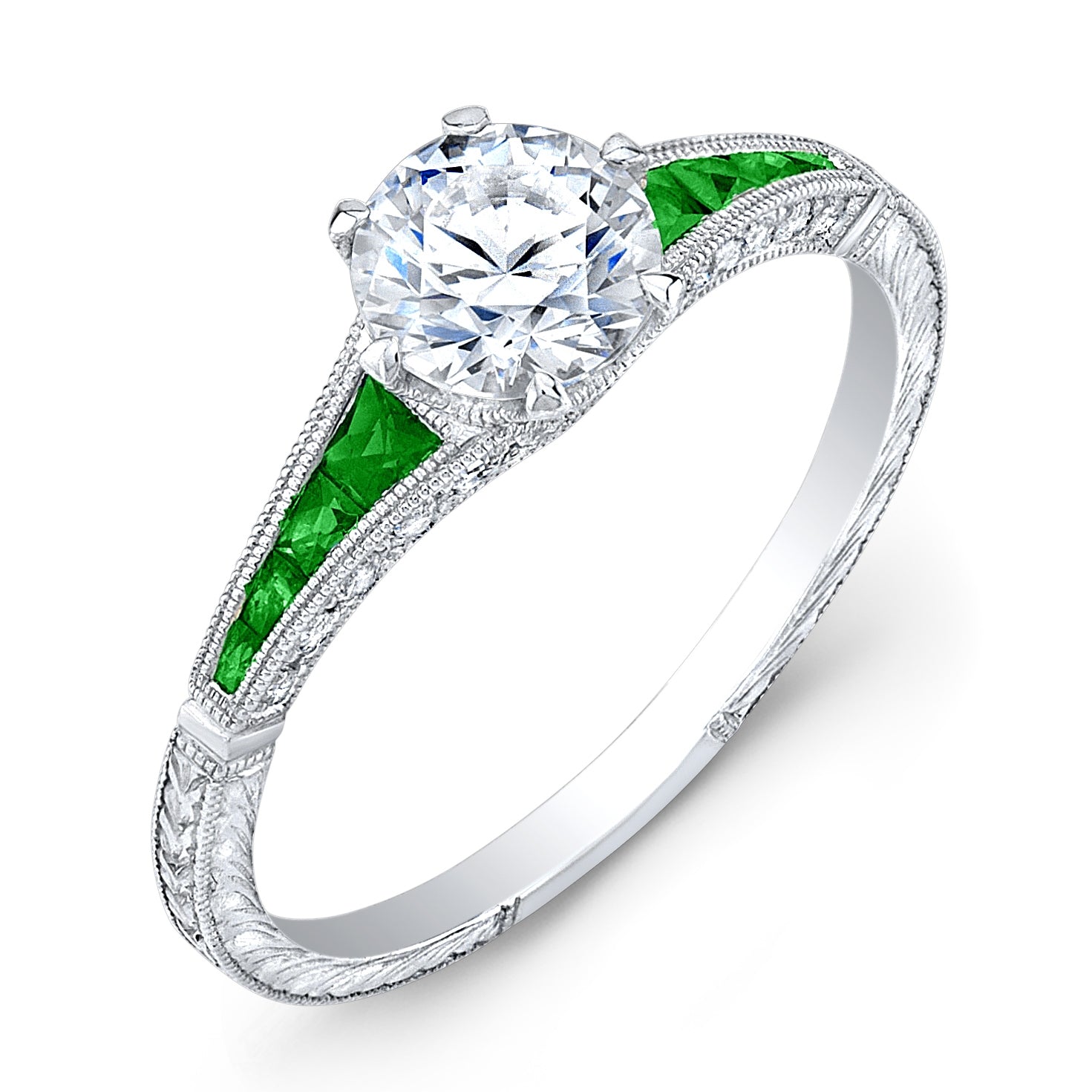 Diamond & Emerald Semi-Mount Engagement Ring with Hand Engraving by Jolie Designs