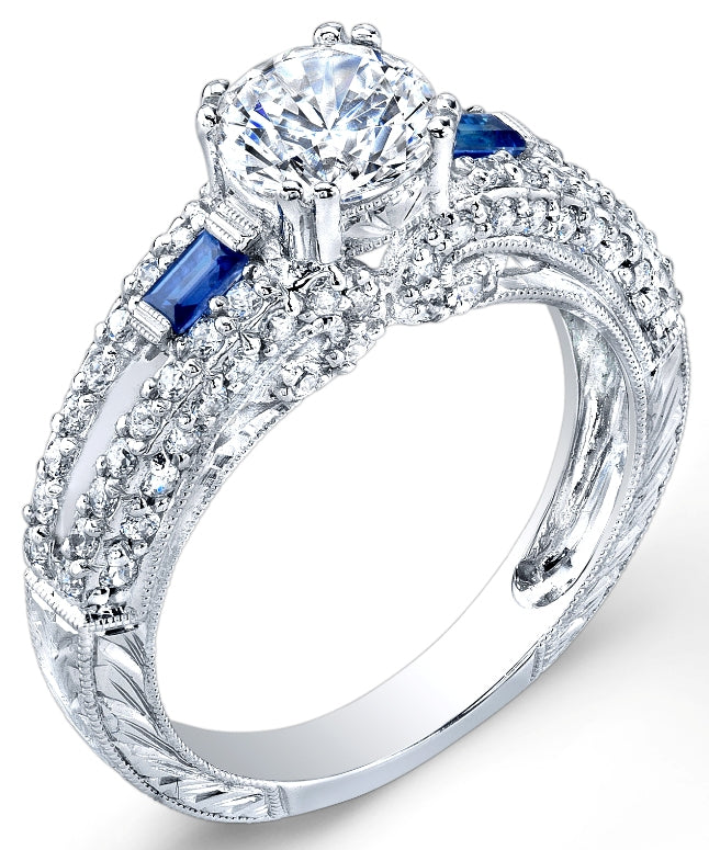 Jolie Designs Antique Style Engraved Diamond and Blue Sapphire Engagement Ring - R6195DS