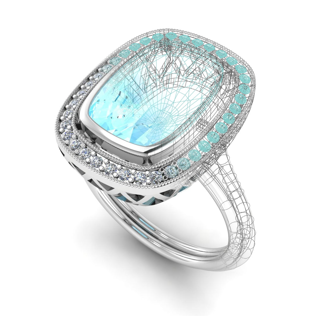 Custom Designed Aqua Cut Gemstone Ring with Diamond Halo by Jolie Designs