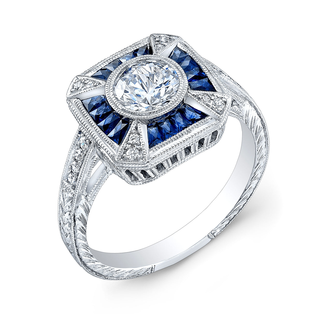Hand Engraved Diamond and Custom Blue Sapphire Ring by Jolie Designs