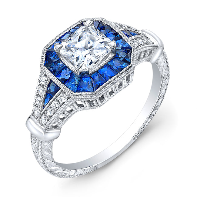 Jolie Designs Antique Style Engraved Diamond and Blue Sapphire Engagement Ring - R9468DS