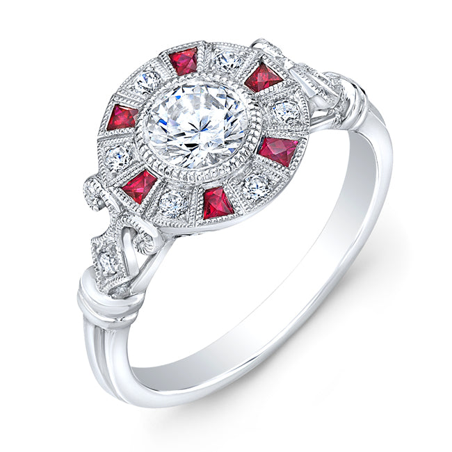 Diamond & French Cut Ruby Semi Mount Engagement Ring by Jolie Designs