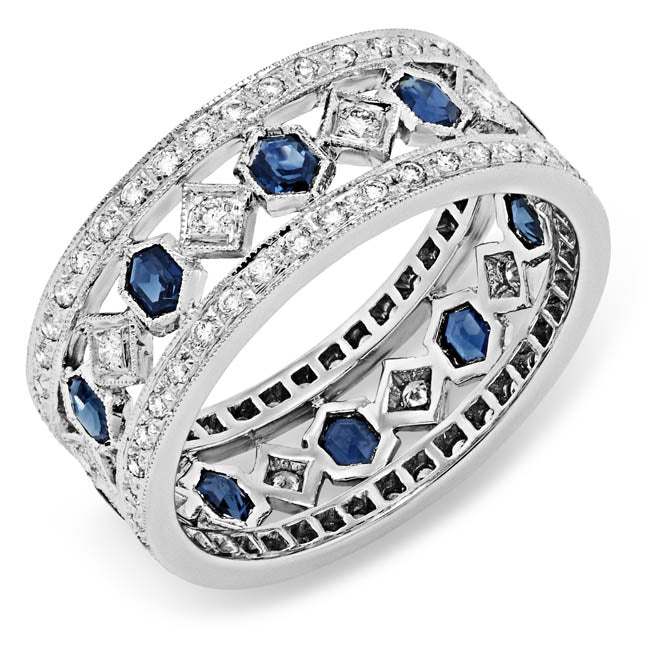 Diamond and Custom Cut Blue Sapphire Hand Engraved Ring by Jolie Designs