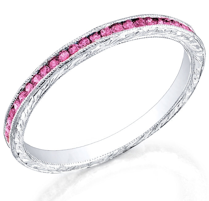 Channel Set Pink Sapphire Engraved Band with Milgrain by Jolie Designs