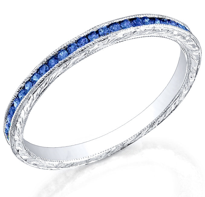 Channel Set Blue Sapphire Engraved Wedding Band by Jolie Designs