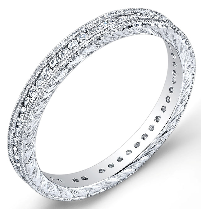 Engraved Diamond Ring with Channel Set Round Brilliant Diamonds by Jolie Designs