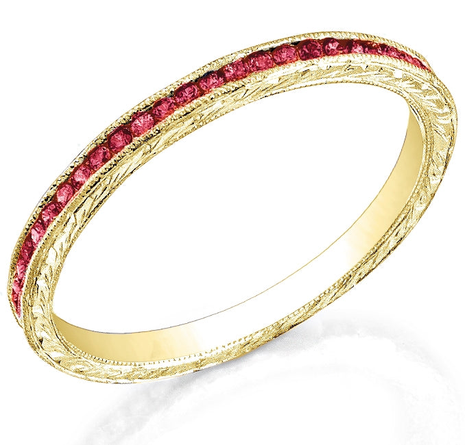 Engraved Band with Channel Set Round Rubies and Single Milgrain by Jolie Designs