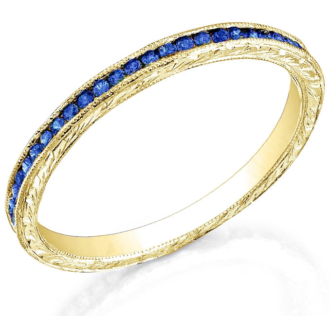 Channel Set Blue Sapphire Engraved Wedding Band by Jolie Designs