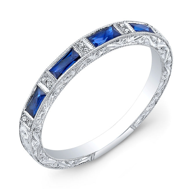 Hand Engraved Sapphire and Diamond Stackable Band by Jolie Designs