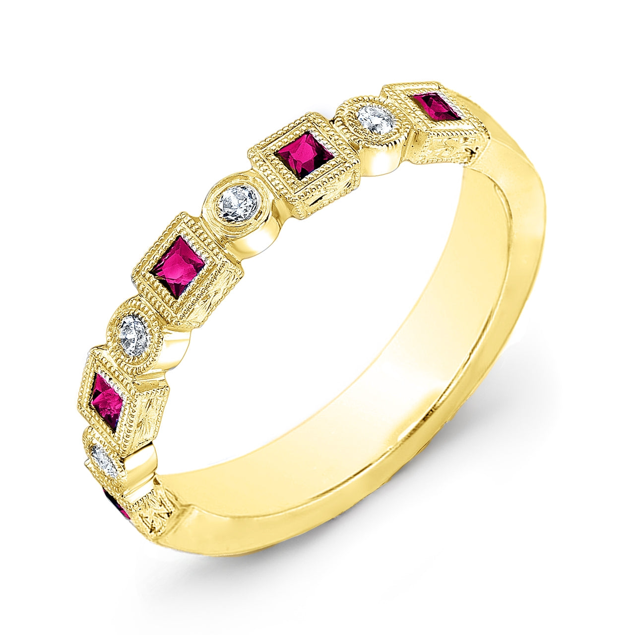 Bezel Set Square Ruby and Diamond Engraved Half Eternity Ring by Jolie Designs