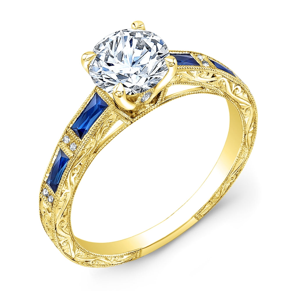 Hand Engraved Custom Baguette Blue Sapphire and Diamond Stackable Ring by Jolie Designs