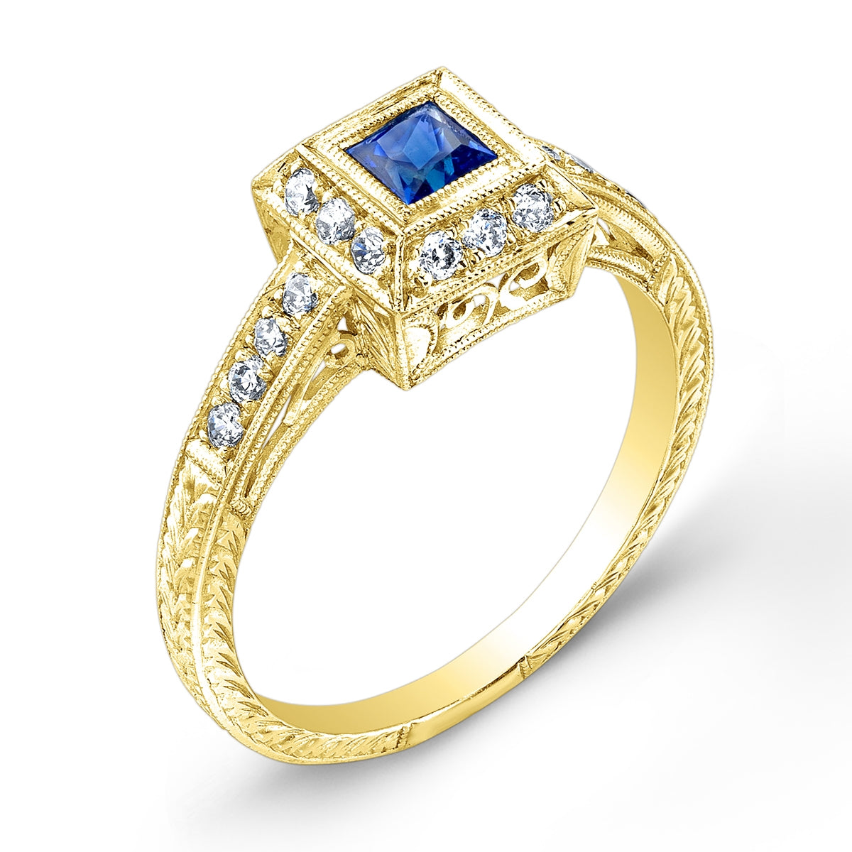 Princess Cut Blue Sapphire Diamond Halo Engagement Ring with Engraving by Jolie Designs