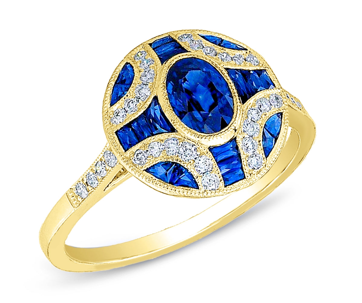Art Deco Oval Blue Sapphire Ring with Custom Cut Accents by Jolie Designs