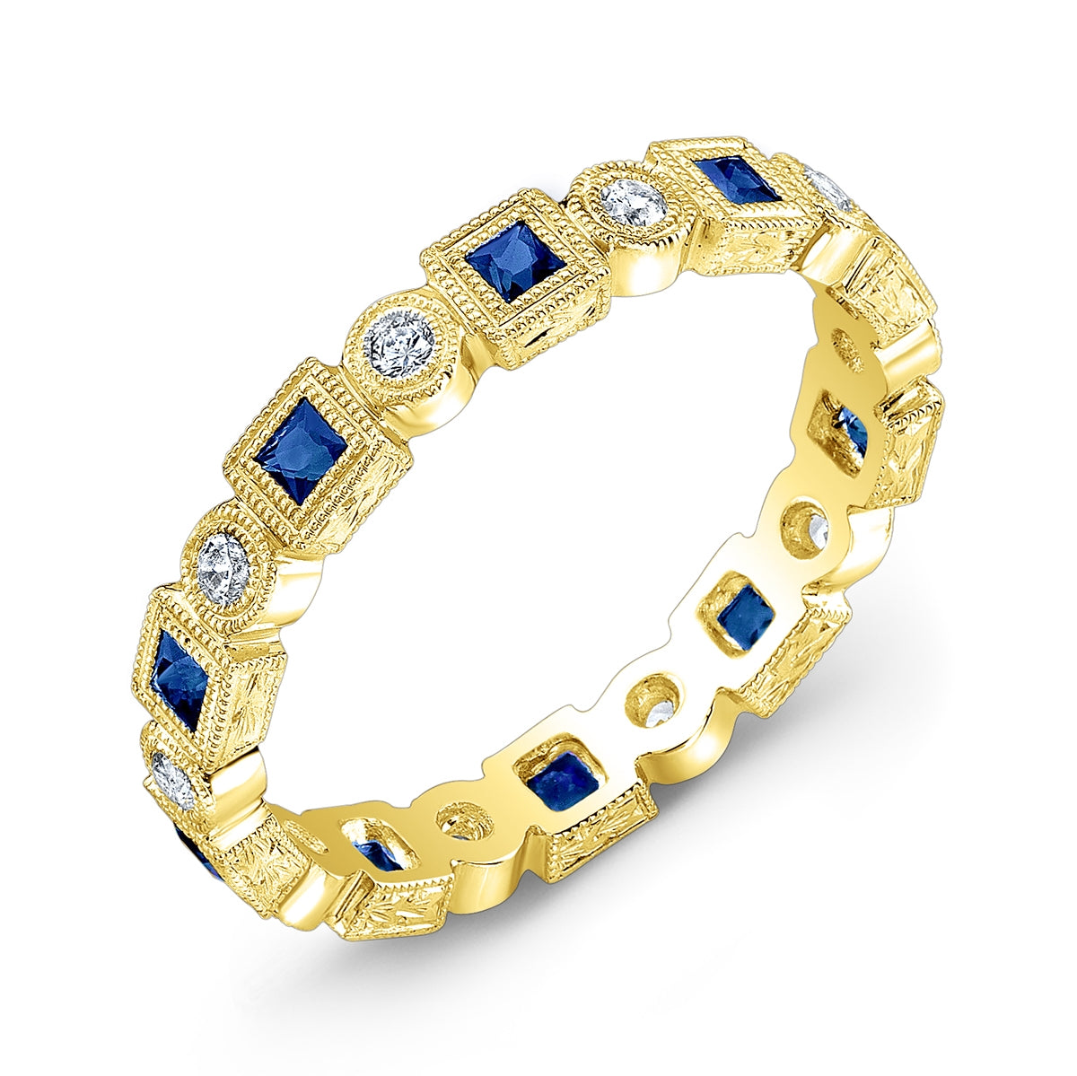 Engraved Bezel Set Square Blue Sapphire and Diamond Ring by Jolie Designs