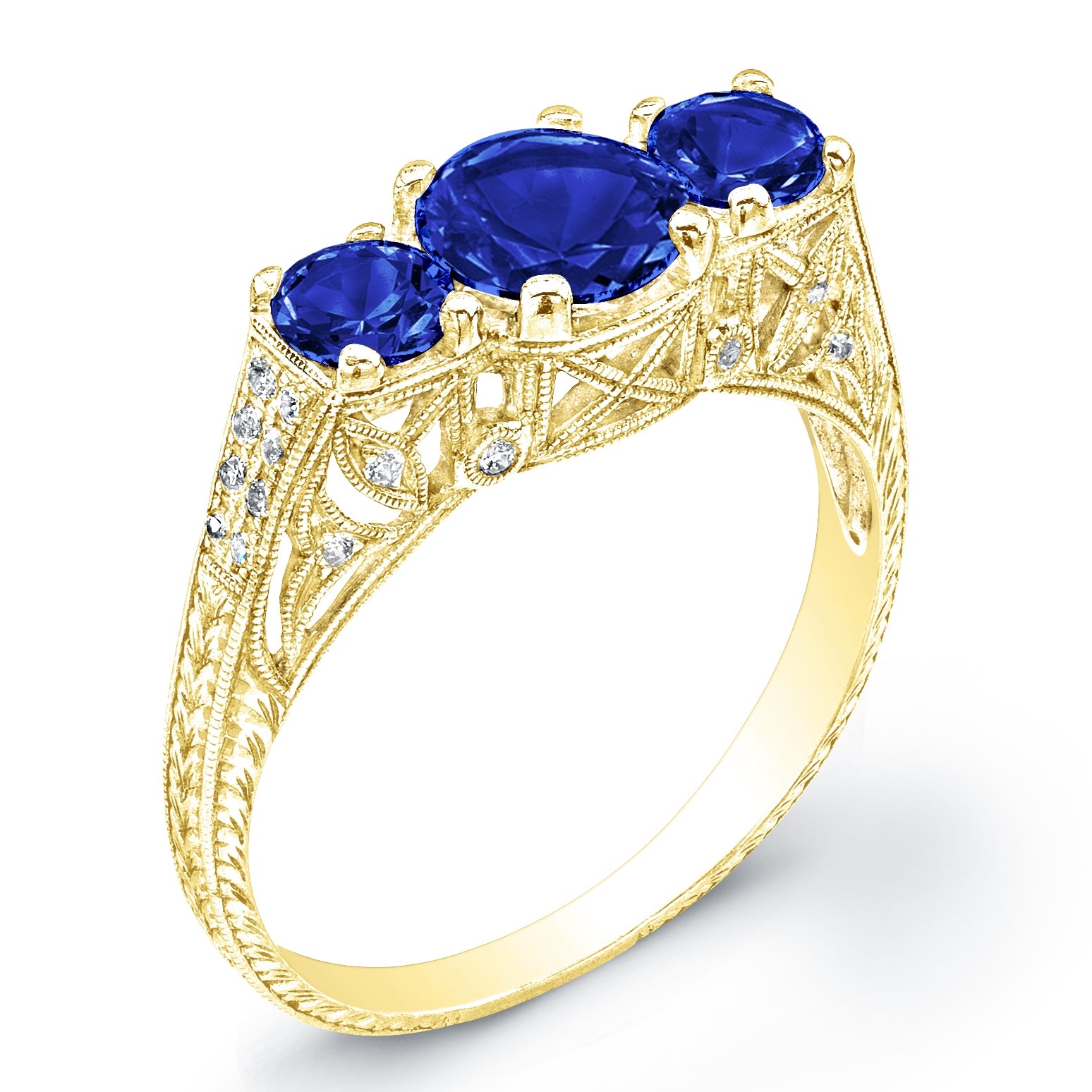 Vintage Petite Antique Inspired Three Stone Blue Sapphire Ring by Jolie Designs