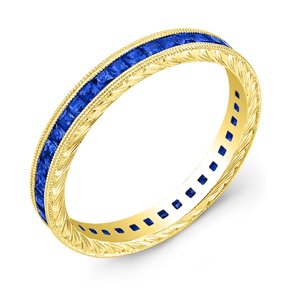 Hand Engraved Gold Ring with Princess Cut Blue Sapphires by Jolie Designs