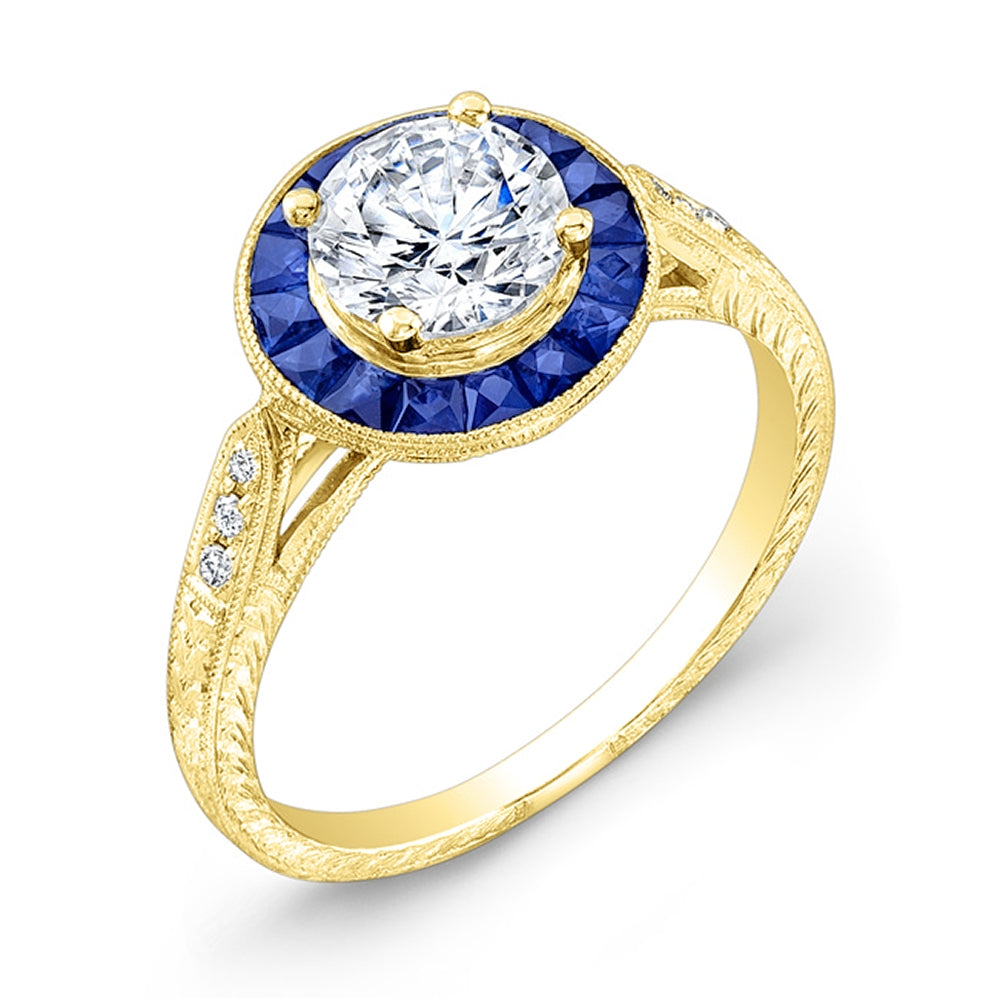 Custom Cut Blue Sapphire Halo and Diamond Engagement Ring by Jolie Designs