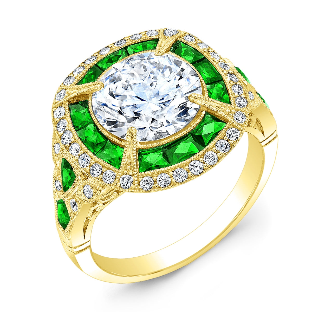 Art Deco Tsavorite and Diamond Ring with Custom Cut Stones by Jolie Designs