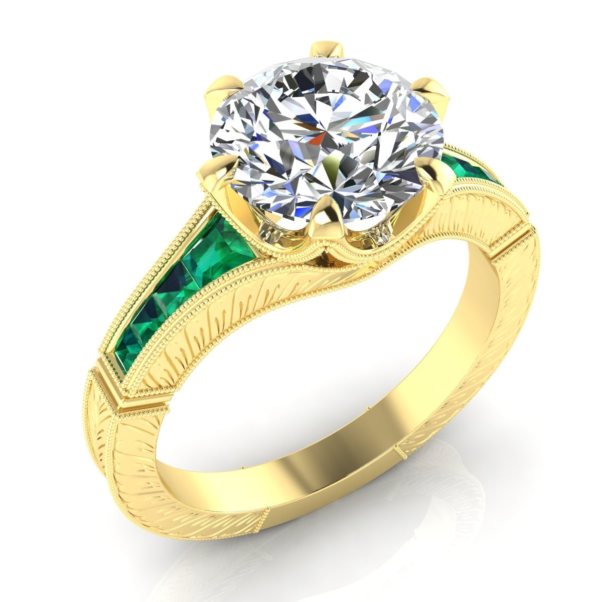 Diamond and Custom Cut Emerald Hand Engraved Semi Mount Engagement Ring by Jolie Designs
