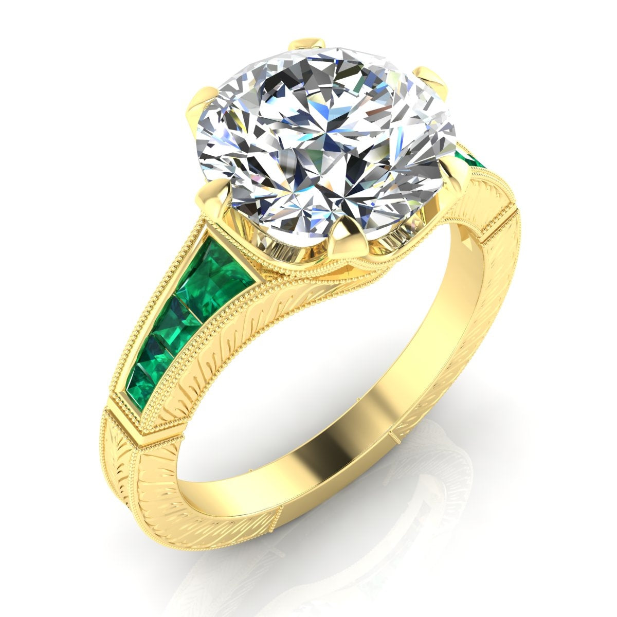 Hand Engraved Diamond and Emerald Semi-Mount Ring by Jolie Designs