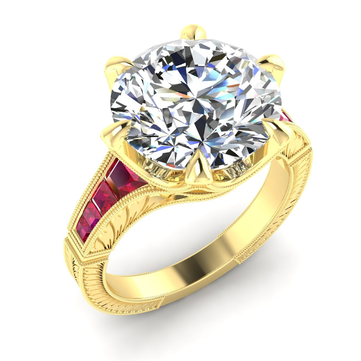 Hand Engraved Diamond and Custom Cut Ruby Semi Mount Ring by Jolie Designs
