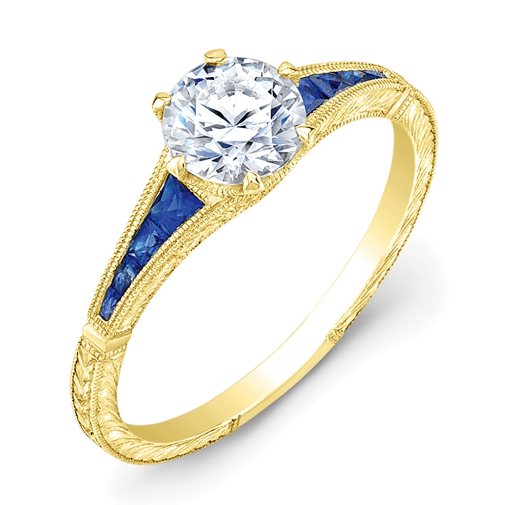 Hand Engraved Diamond and Custom Cut Blue Sapphire Semi Mount Engagement Ring by Jolie Designs
