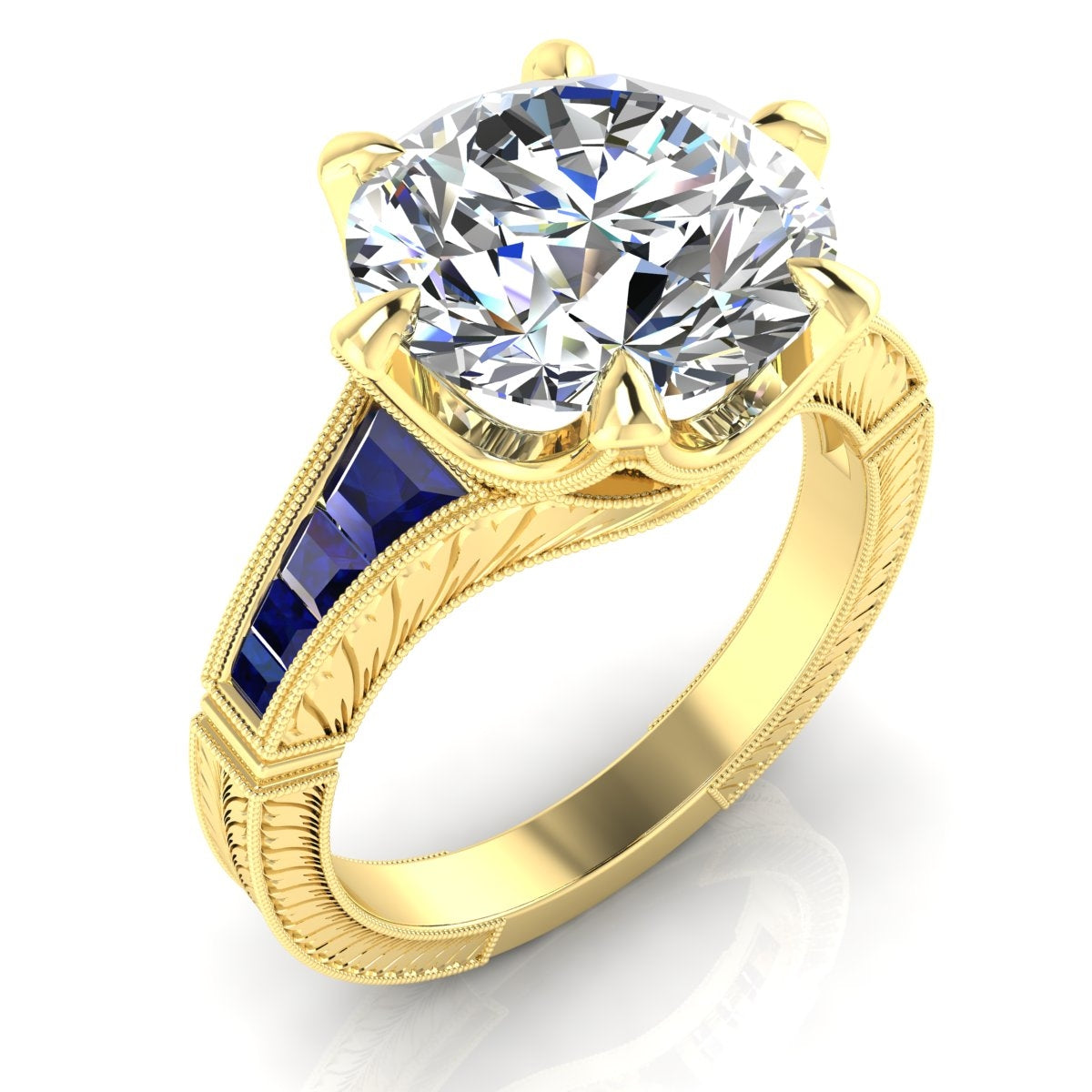 Custom Cut Blue Sapphire and Diamond Hand Engraved Semi Mount Engagement Ring by Jolie Designs
