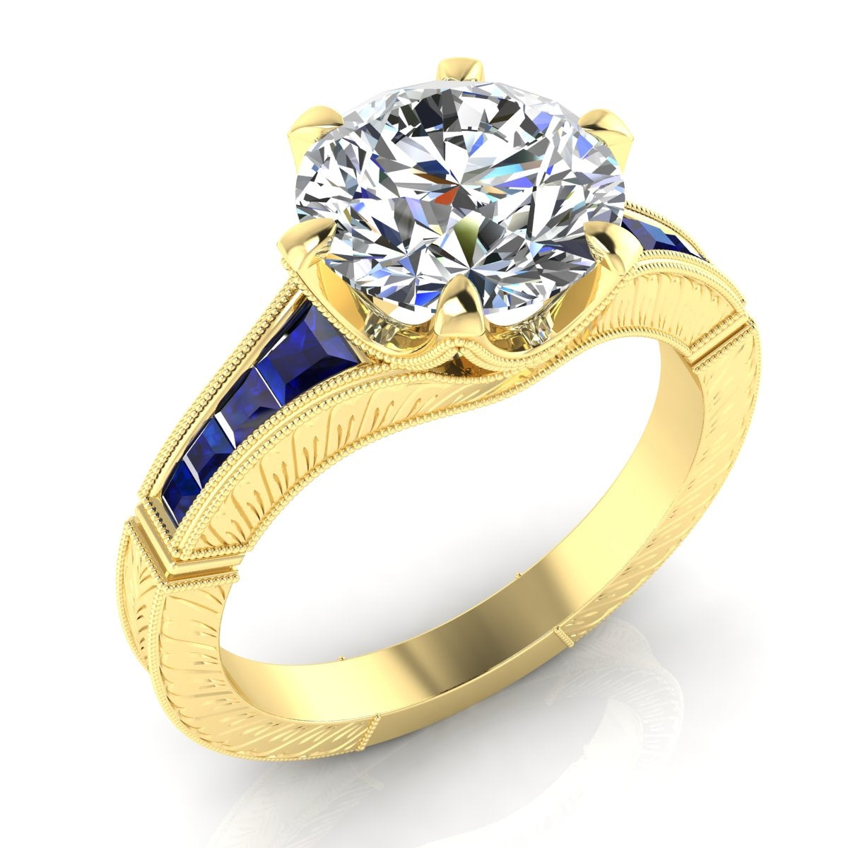 Engraved Diamond and Blue Sapphire Semi Mount Engagement Ring by Jolie Designs