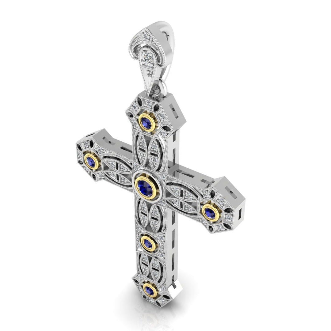 Cross Pendant with diamonds and yellow gold Blue Sapphire Bezels