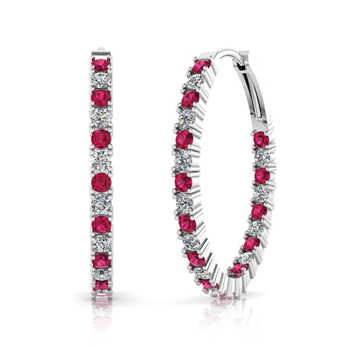 Single Row Inside Out Diamond and Ruby Hoop Earrings by Jolie Designs