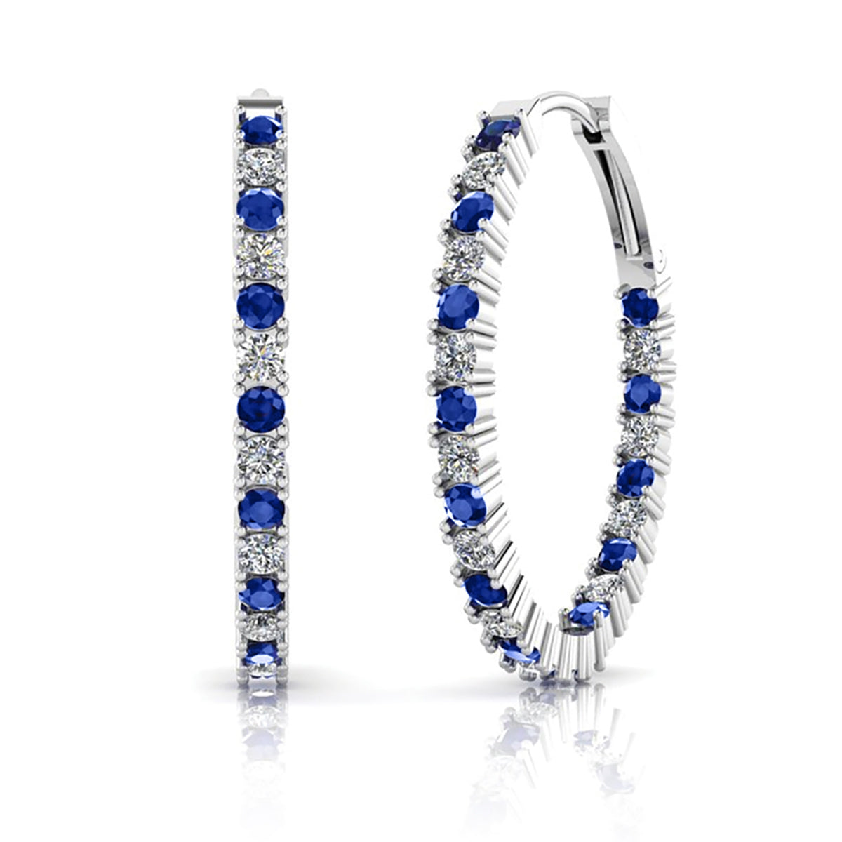 Single Row Diamond and Blue Sapphire Inside Out Hoop Earrings by Jolie Designs
