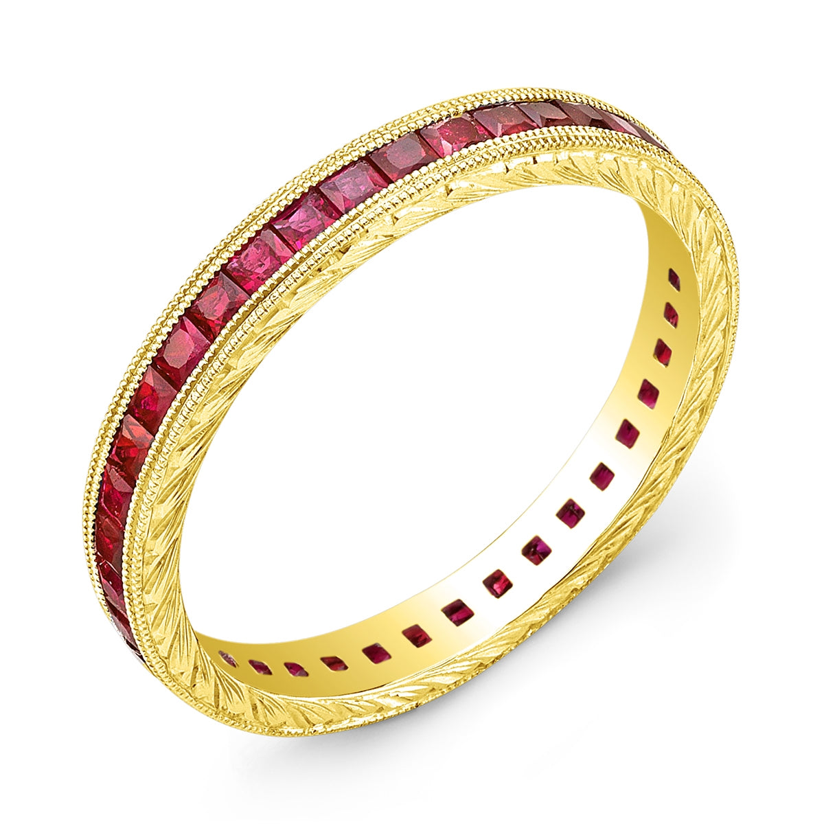 Hand Engraved Gold Ring with Channel Set Princess Cut Rubies by Jolie Designs