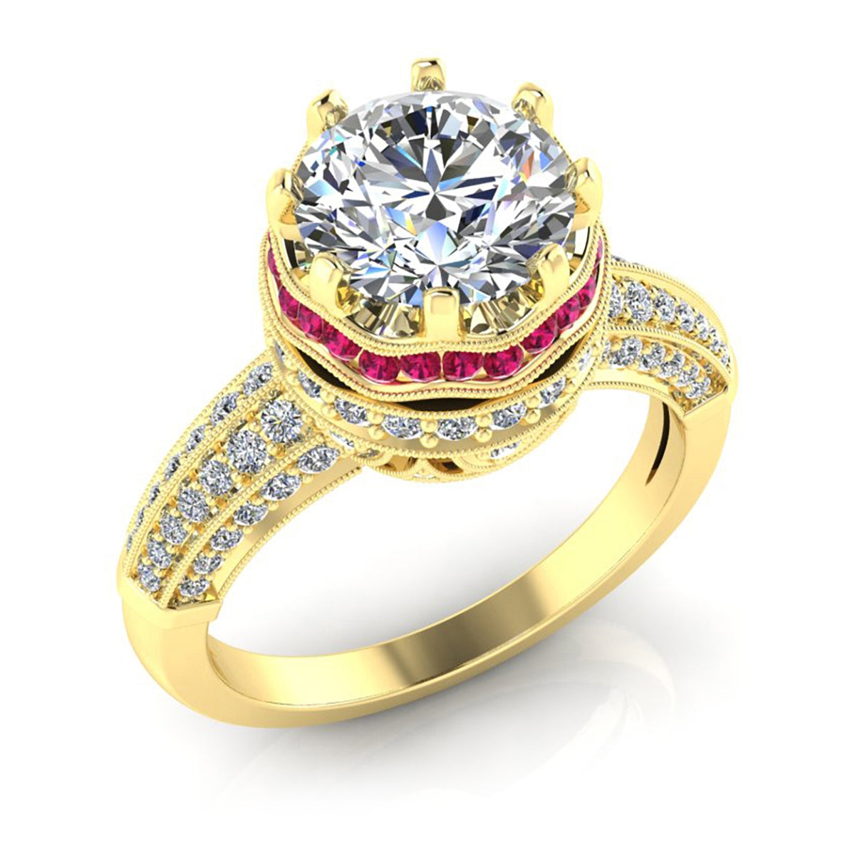 Gordon Clark Vintage Inspired Diamond Engagement Ring with Ruby Halo for 8mm Center by Jolie Designs