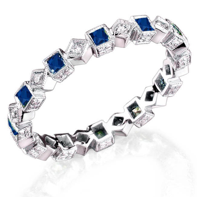 Princess Cut Blue Sapphire and Diamond Engraved Band by Jolie Designs