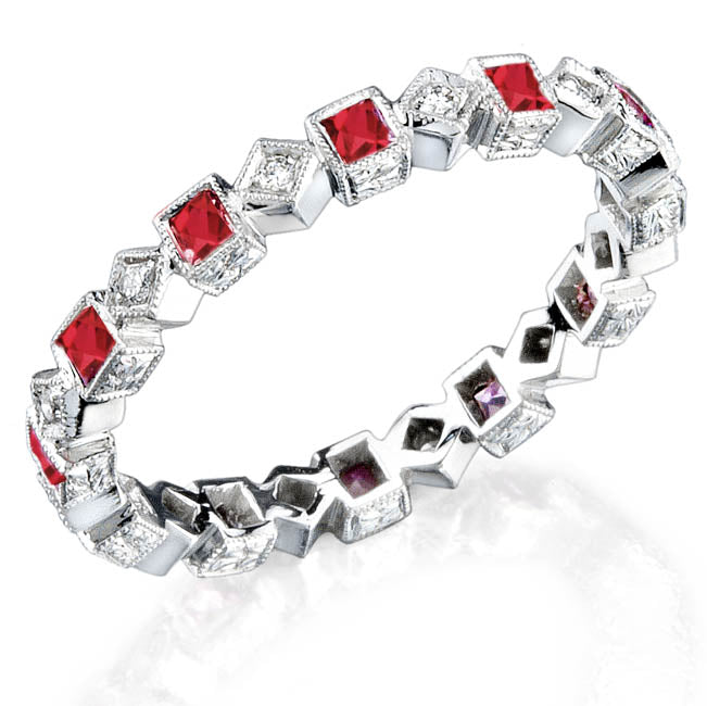 Hand Engraved Princess Cut Ruby and Diamond Ring by Jolie Designs