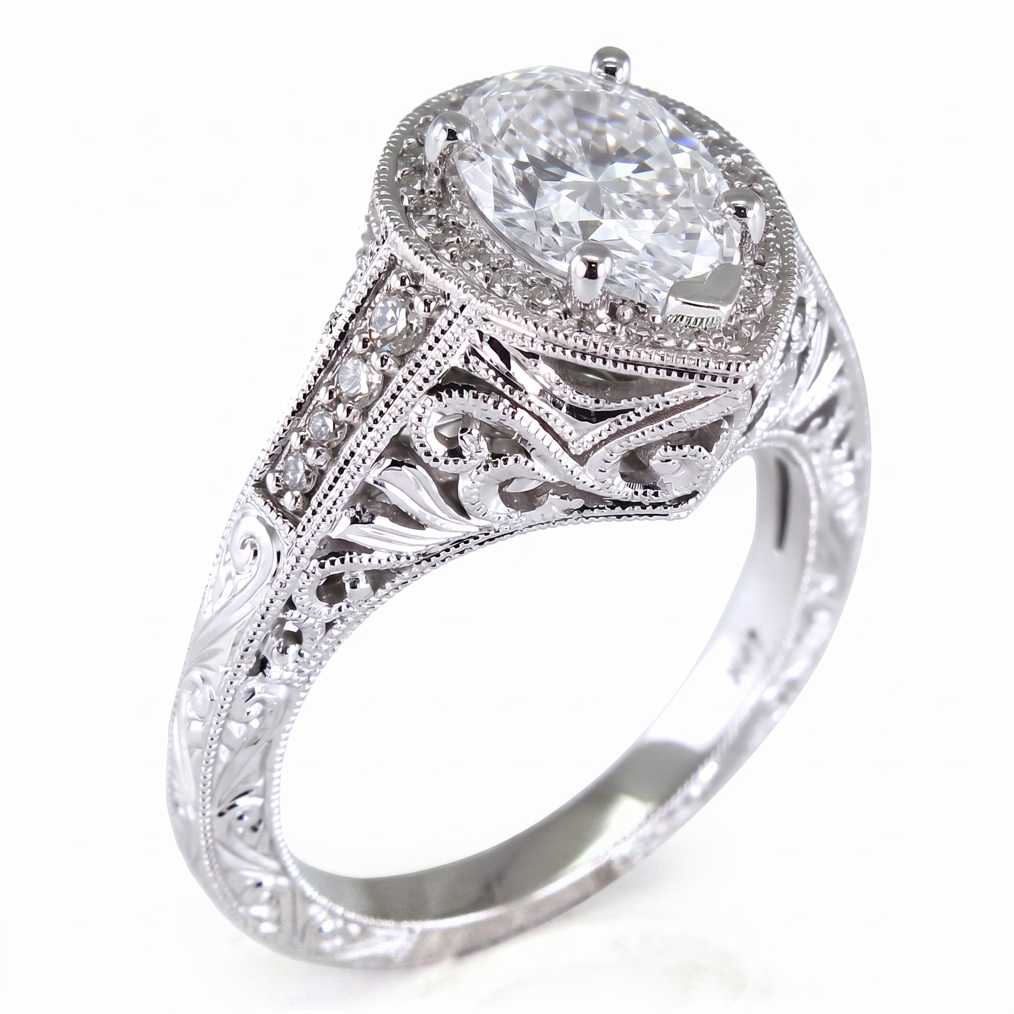 Antique Inspired Pear Shape Engraved Diamond Engagement Ring by Jolie Designs