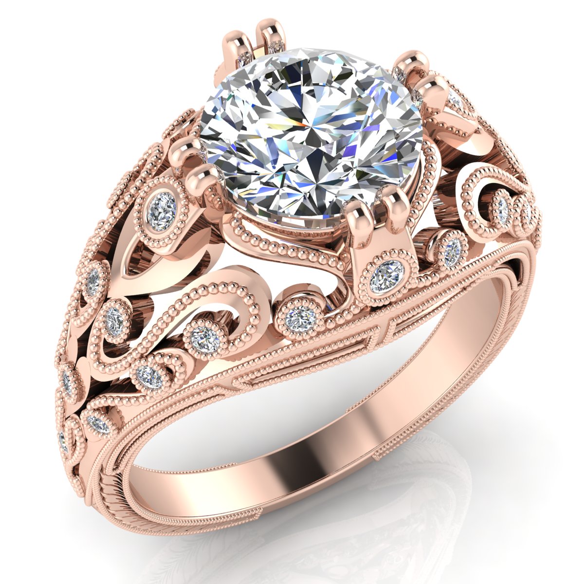 Antique Inspired Bezel Round Filagree Milgrain Engagement Ring